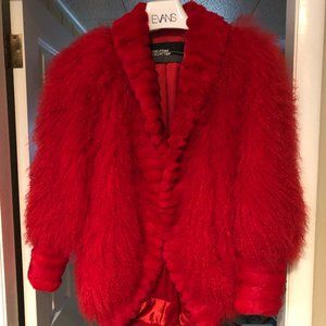 Red Mongolian Lamb Fur Coat with Silk Lining